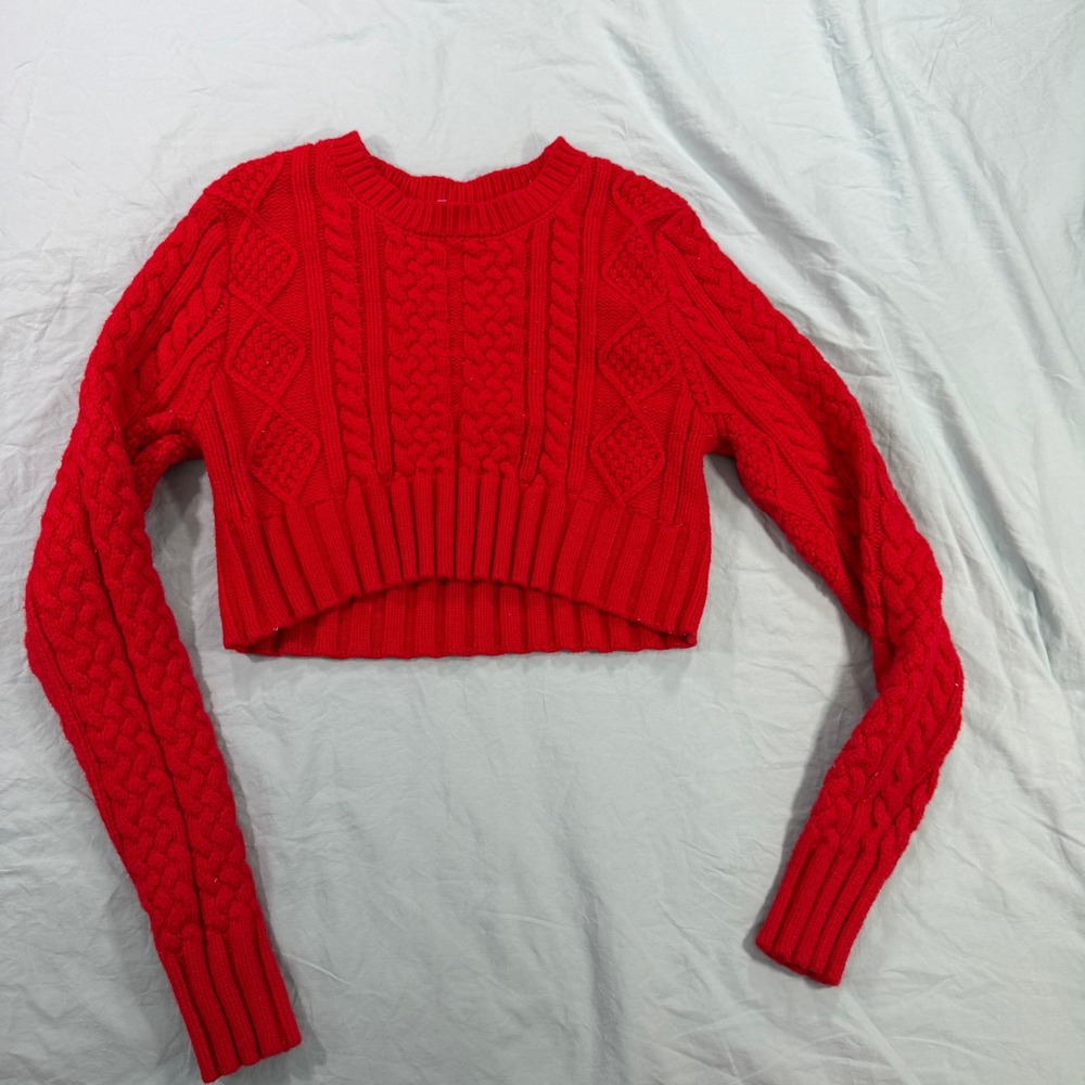 Boutique Womens Red Cable Knit Cropped Sweater Long Sleeve Crew Neck‎ Small
